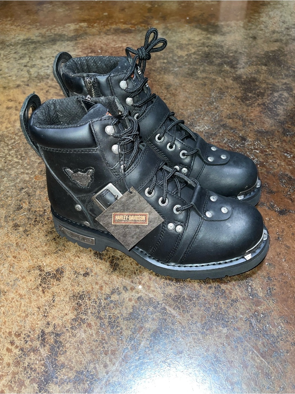 Harley-Davidson Black Leather Lace-Up Riding Boots with Metal Accents